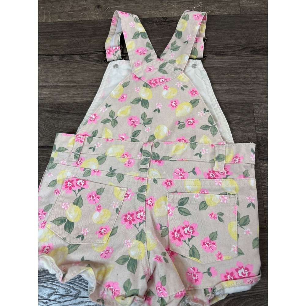 Girls Floral Lemon Print Shortalls with 3D Flower and Belt 3T Pink Yellow - Picture 2 of 3